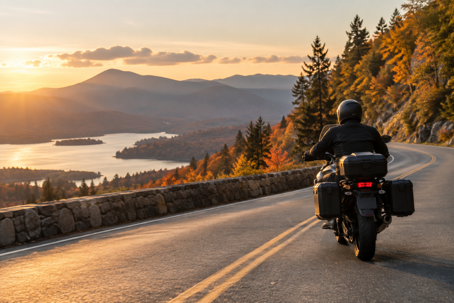 Motorcyclist in protective gear riding a mountain road at golden hour